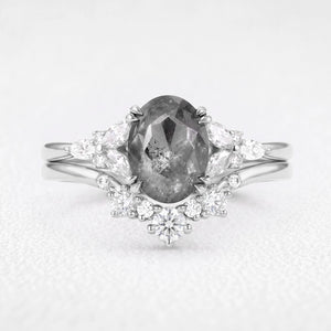 Isadora’s Bloom | 1CT Vintage Oval Salt & Pepper Diamond Cluster & Chevron Bridal Duo