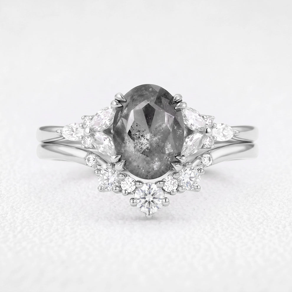 Isadora’s Bloom | 1CT Vintage Oval Salt & Pepper Diamond Cluster & Chevron Bridal Duo