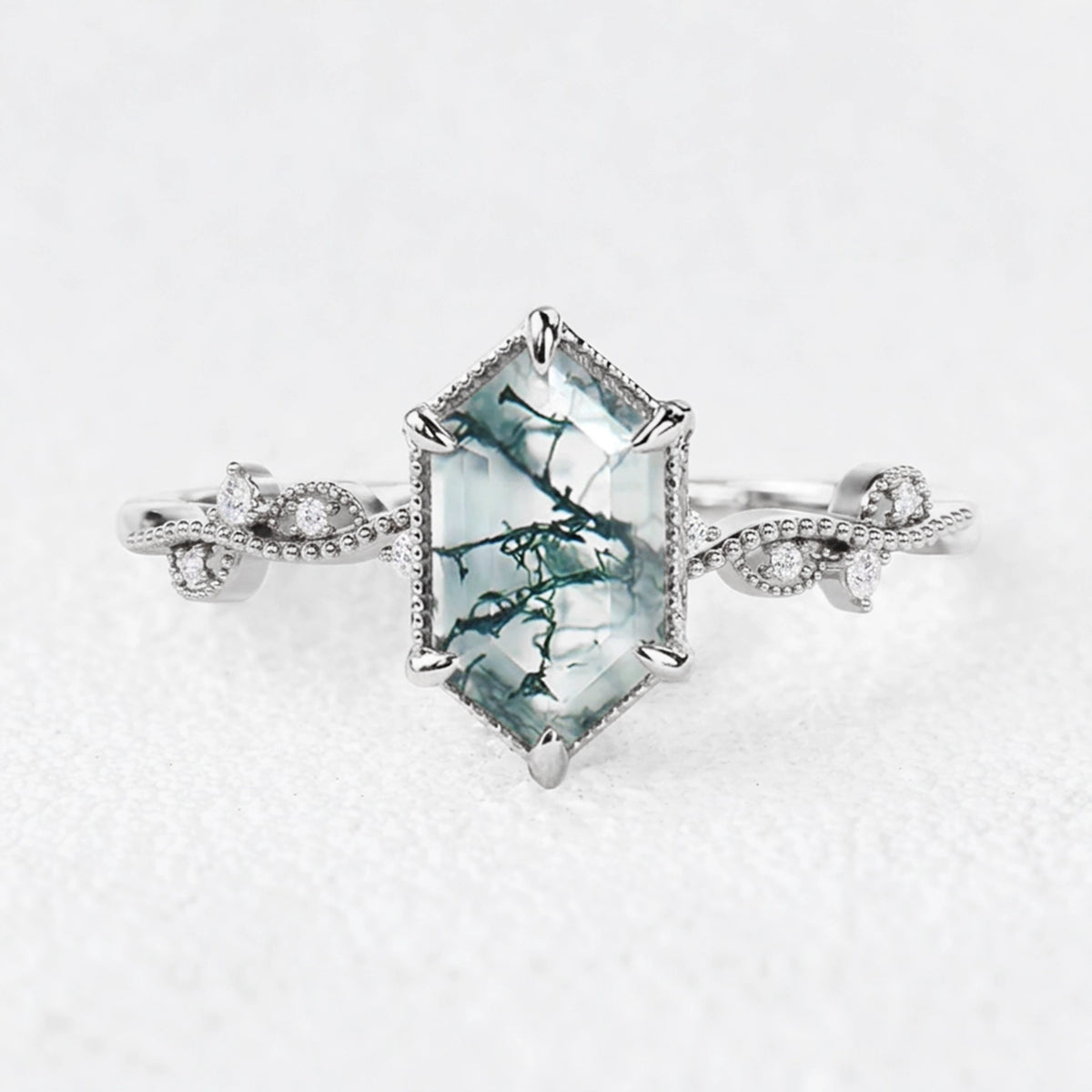 Isadora's Imprint | Hexagon Moss Agate Vintage Solitaire Engagement Ring