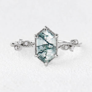 Isadora's Imprint | Hexagon Moss Agate Vintage Solitaire Engagement Ring
