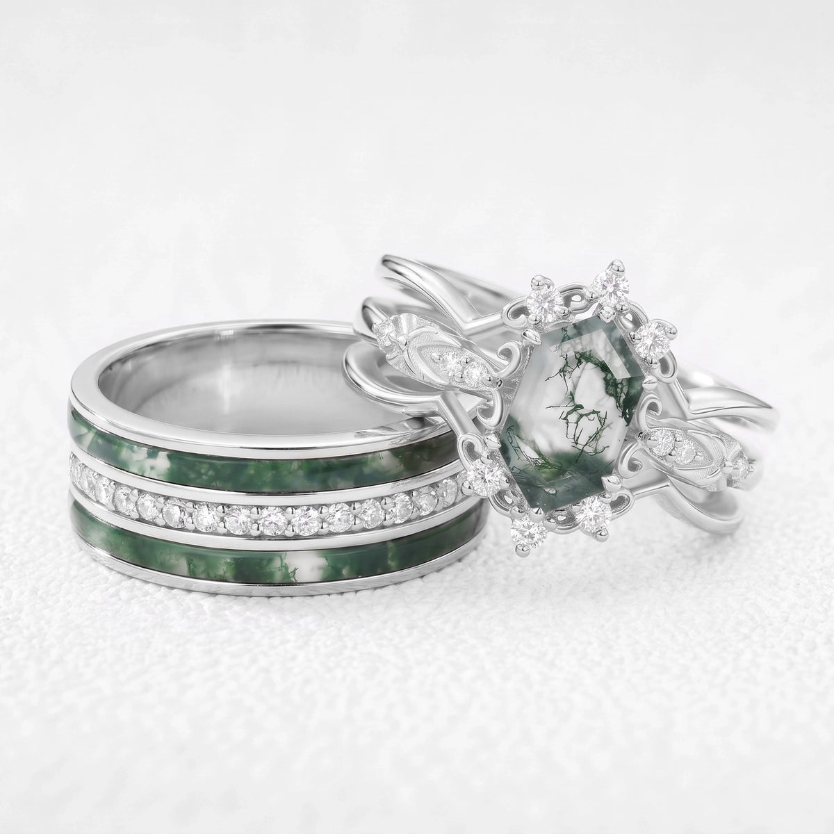 Isolde’s Enclave  | Vintage Long Hexagon Moss Agate & Moissanite Couple Ring Set 3pcs
