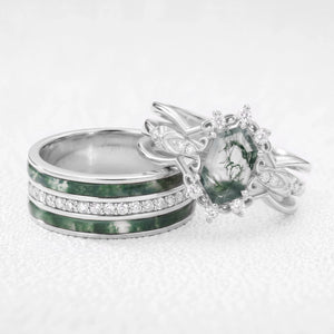 Isolde’s Enclave  | Vintage Long Hexagon Moss Agate & Moissanite Couple Ring Set 3pcs