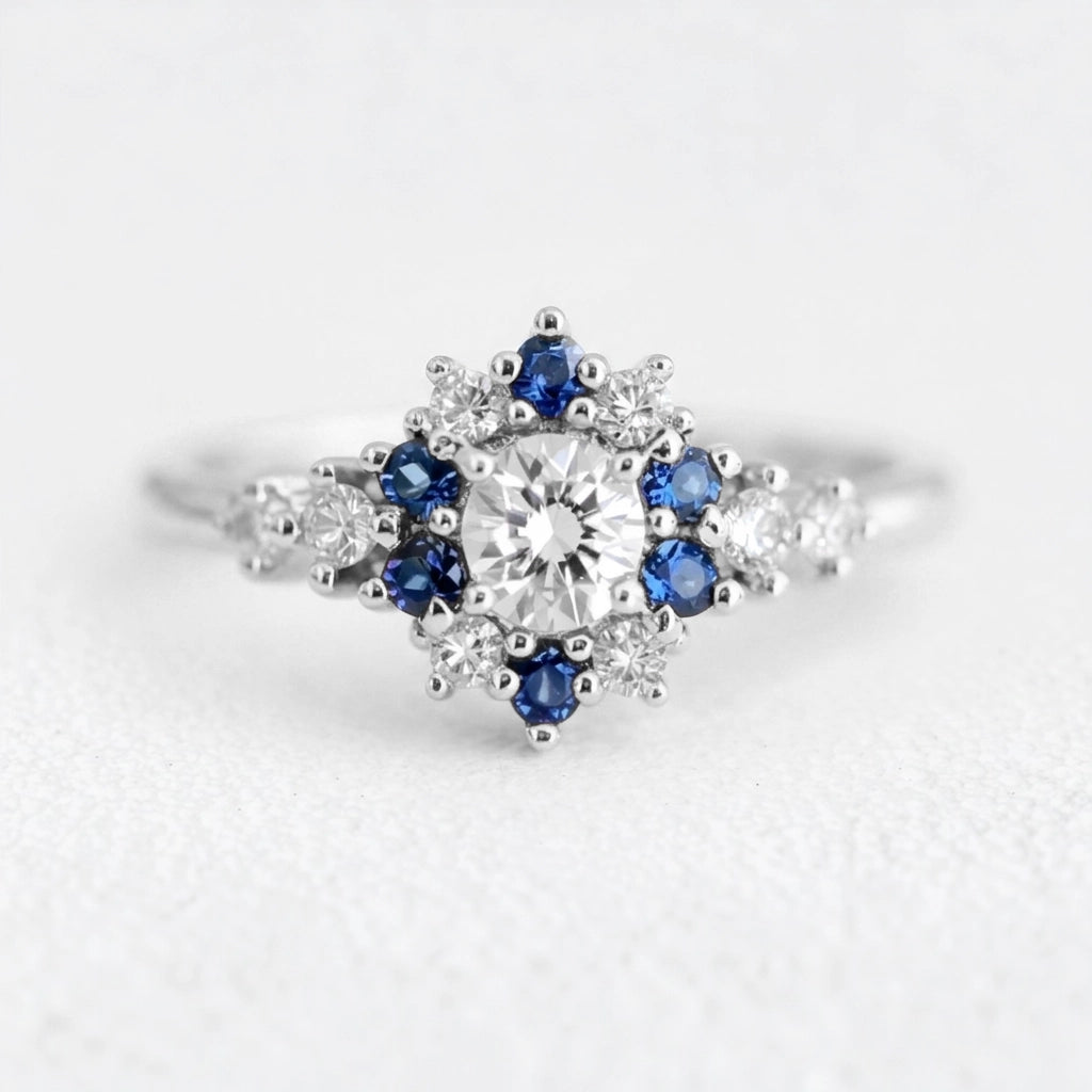 Vivienne’s Blossom | White & Blue Sapphire Engagement Ring.