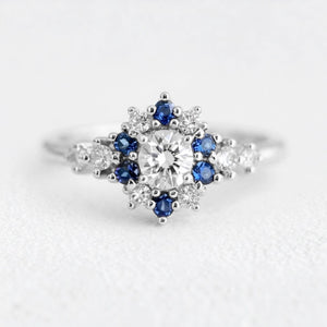 Vivienne’s Blossom | White & Blue Sapphire Engagement Ring.