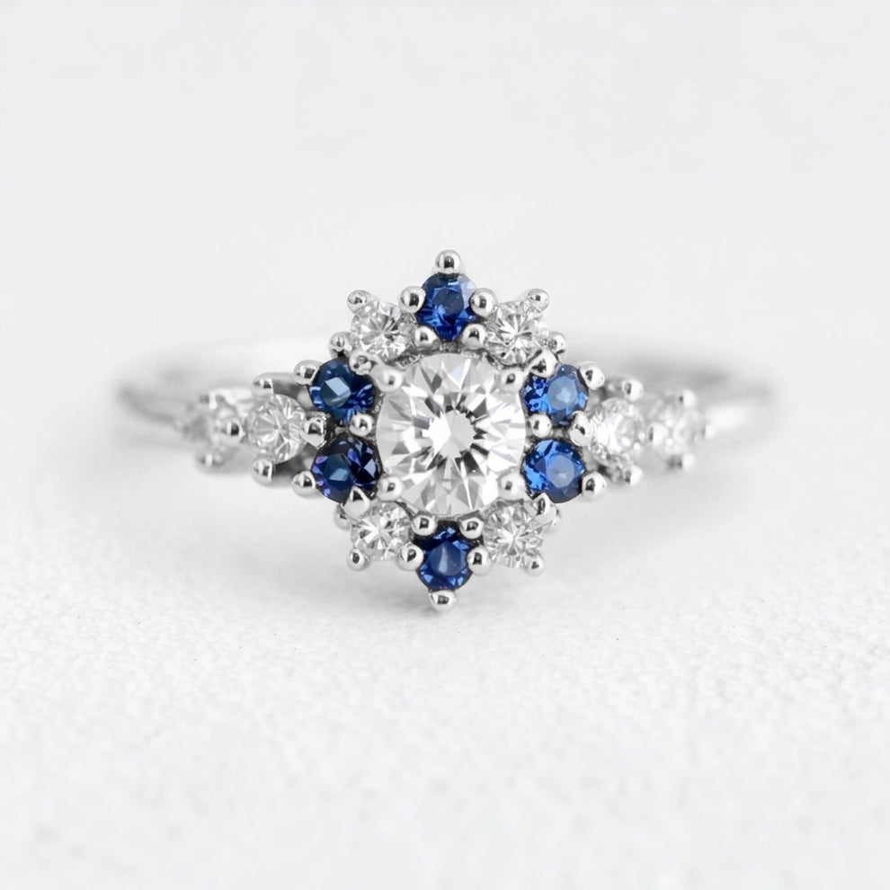 Vivienne’s Blossom | White & Blue Sapphire Engagement Ring.