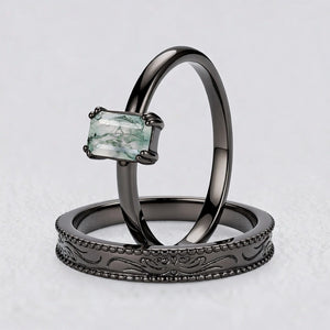 Daphne’s Clearing | Emerald Cut Moss Agate Couple Ring Set 2pcs.