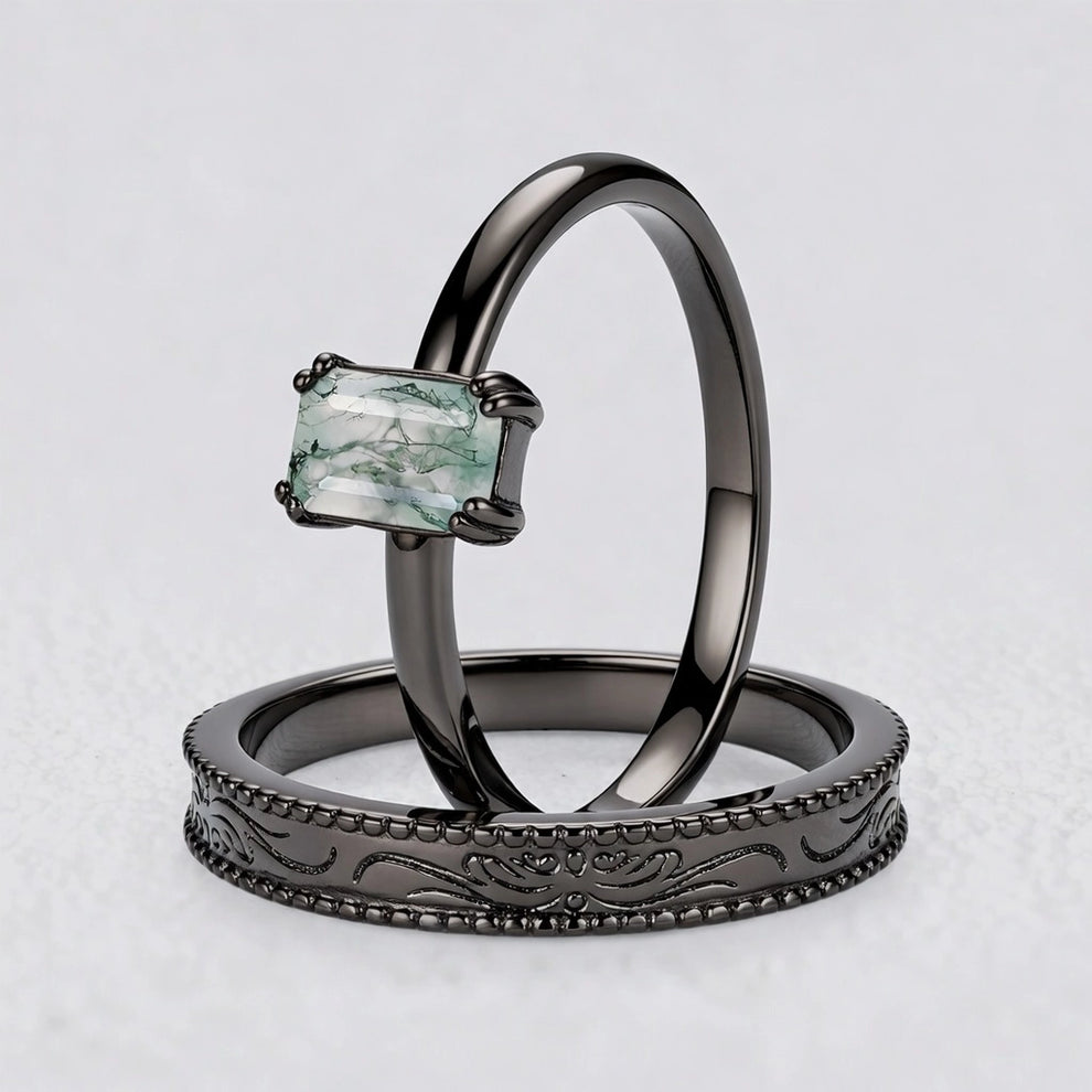 Daphne’s Clearing | Emerald Cut Moss Agate Couple Ring Set 2pcs.