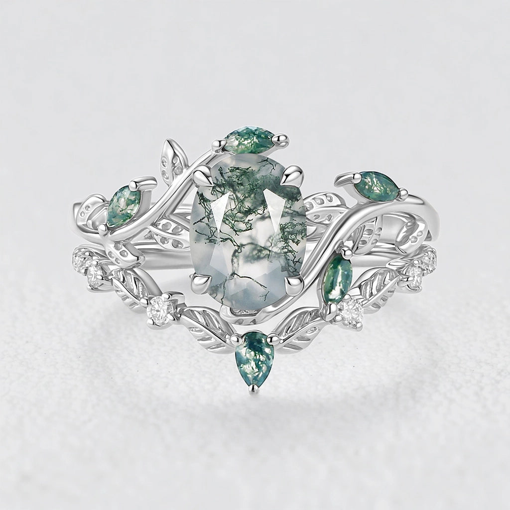 Daphne’s Vine | Oval Moss Agate Engagement Ring Set 2pcs.