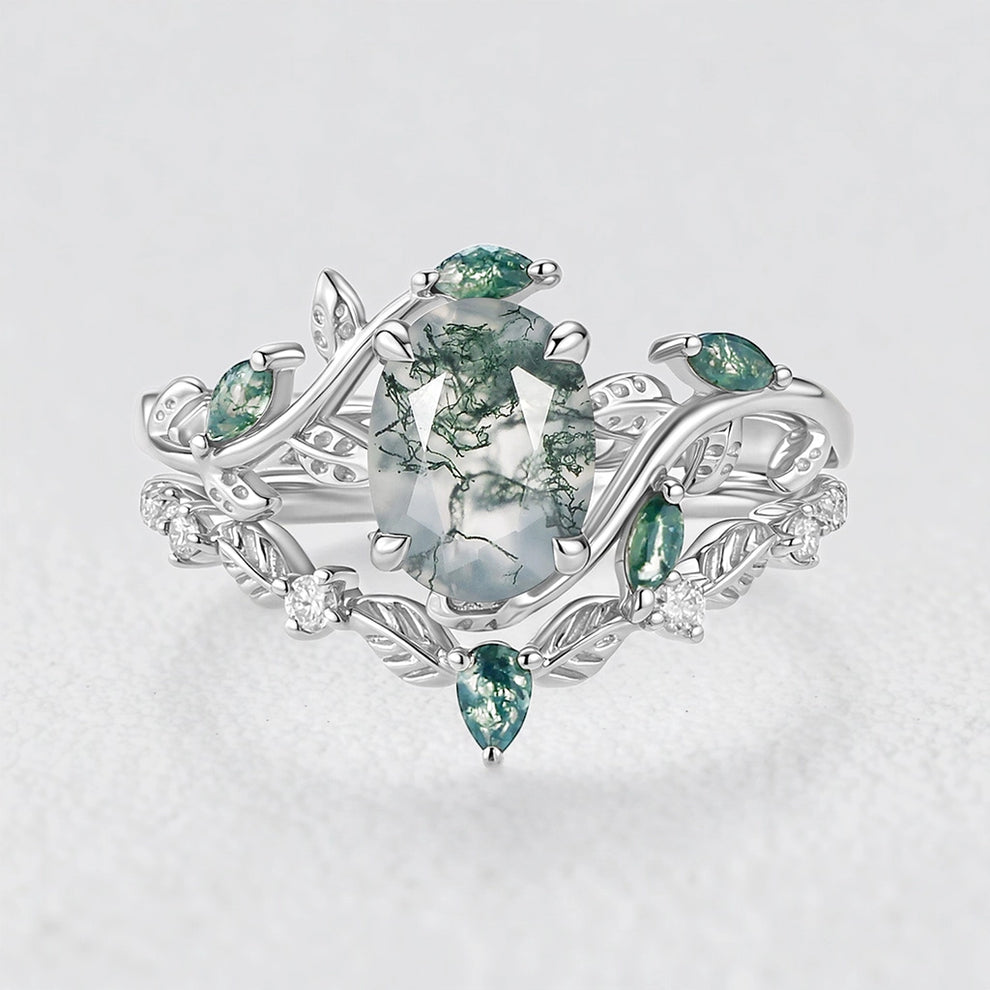 Daphne’s Vine | Oval Moss Agate Engagement Ring Set 2pcs.