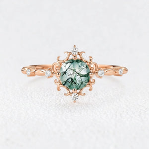 Rosalind’s Verdant | Vintage Round Moss Agate Cluster Engagement Ring
