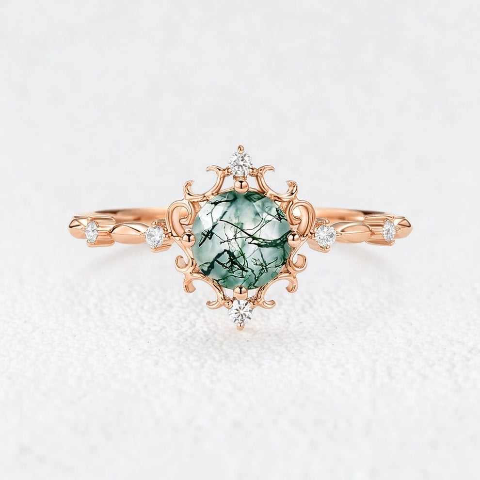 Rosalind’s Verdant | Vintage Round Moss Agate Cluster Engagement Ring