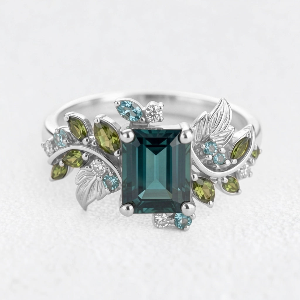 Ivy’s Embrace | Emerald Cut Blue Green Tourmaline Vine & Leaf Engagement Ring.