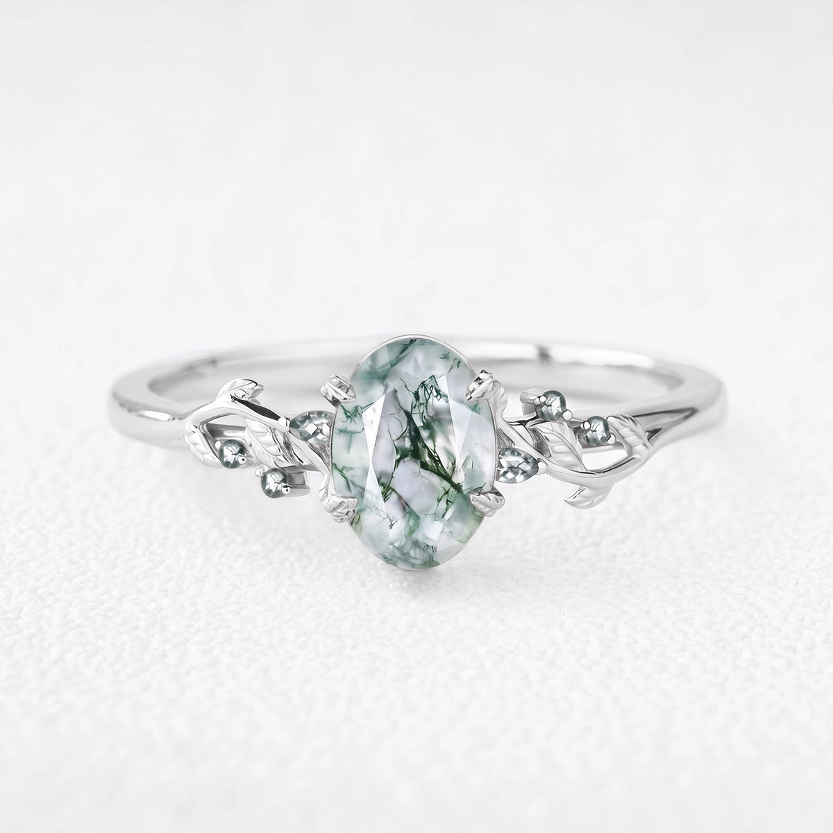 Celandine’s Twine | Oval Cut Moss Agate Foliage Engagement Ring