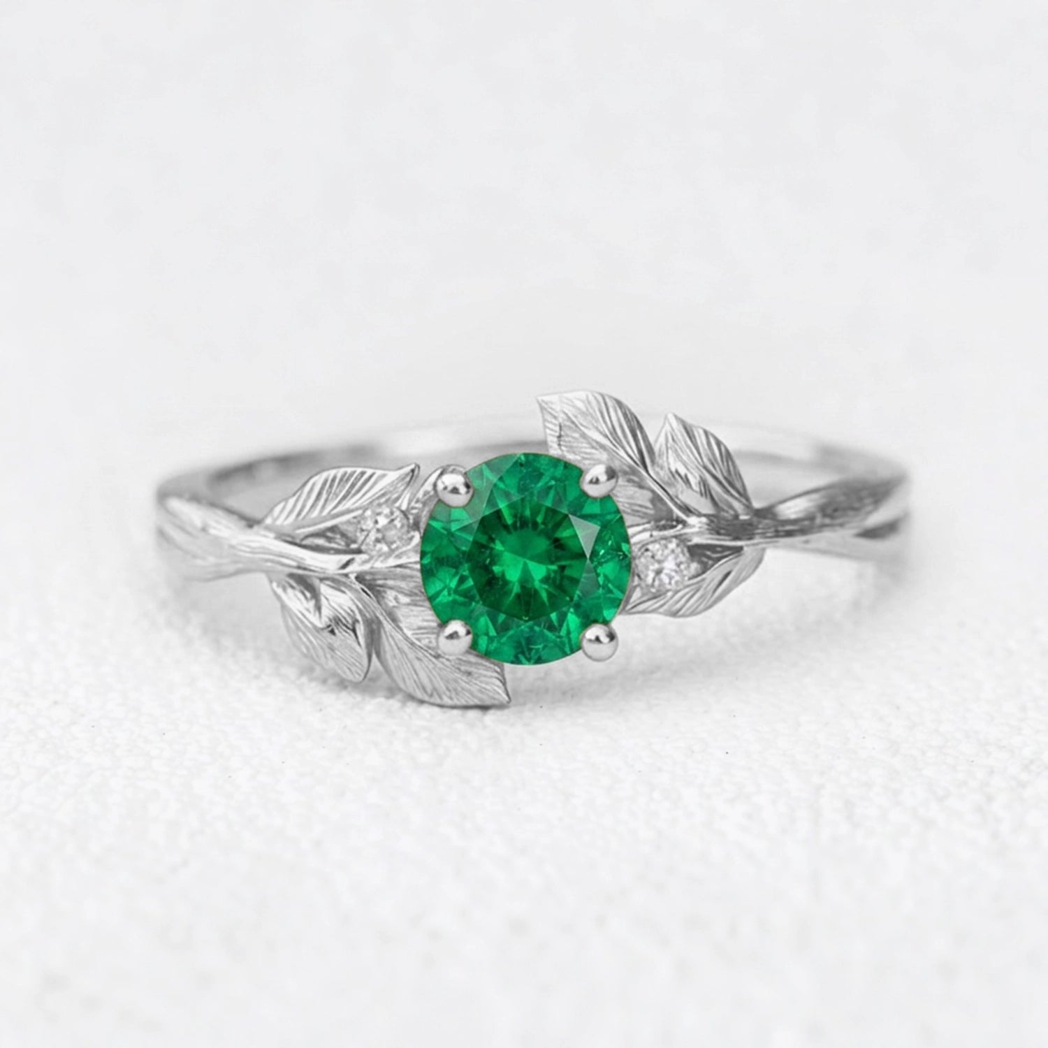 Diana’s Verdant | Round Cut Emerald Foliage Engagement Ring