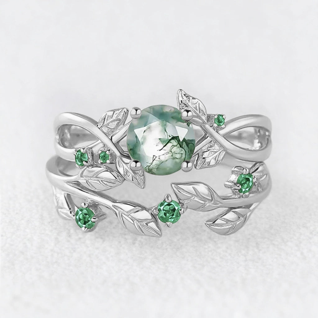 Nature Inspired Round Cut Moss Agate & Emerald Bridal Set.