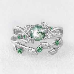 Nature Inspired Round Cut Moss Agate & Emerald Bridal Set.