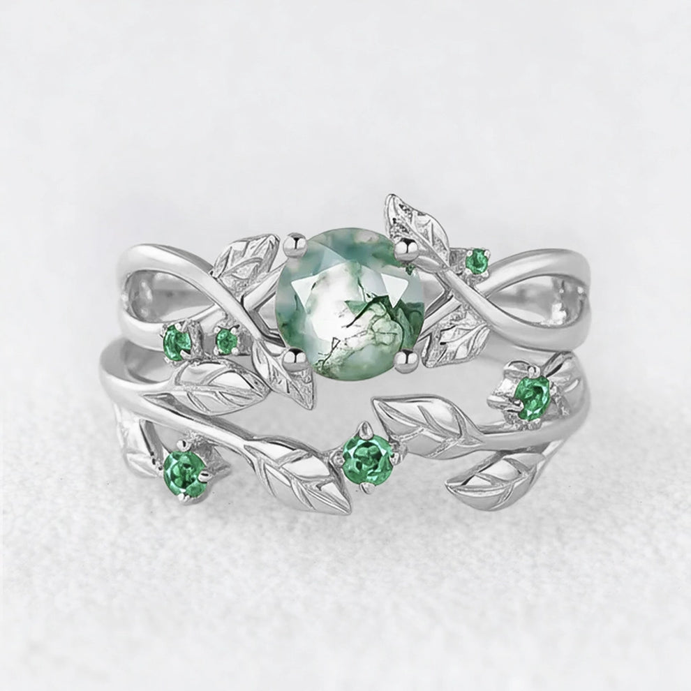 Nature Inspired Round Cut Moss Agate & Emerald Bridal Set.