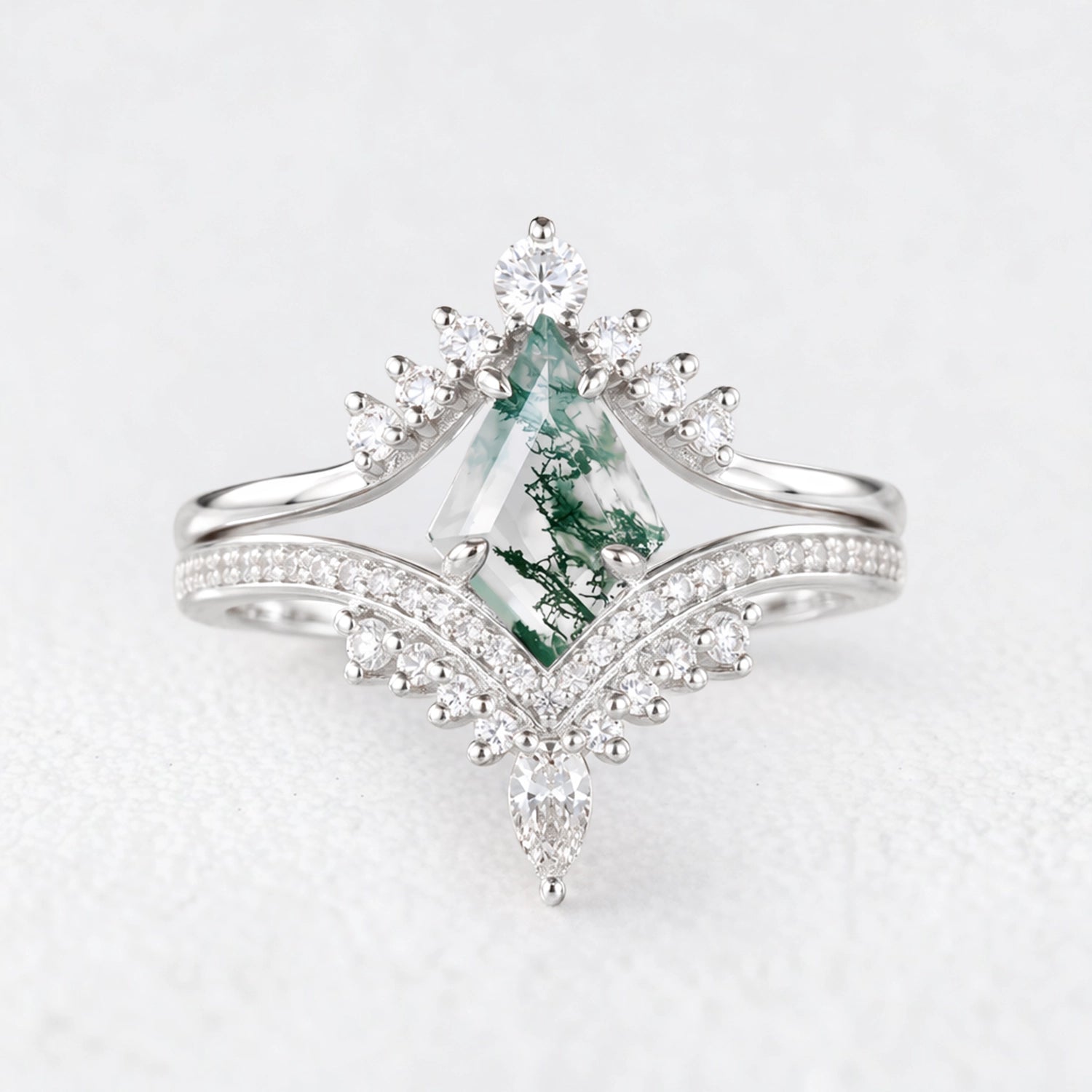 Cassandra’s Wildwood | Kite Cut Moss Agate Chevron Bridal Duo