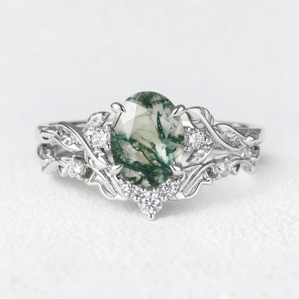 Rosalind’s Arbor | Oval Cut Moss Agate Leaf Branch Bridal Set 2pcs