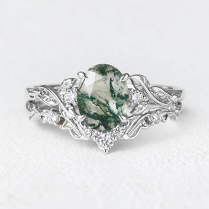 Rosalind’s Arbor | Oval Cut Moss Agate Leaf Branch Bridal Set 2pcs
