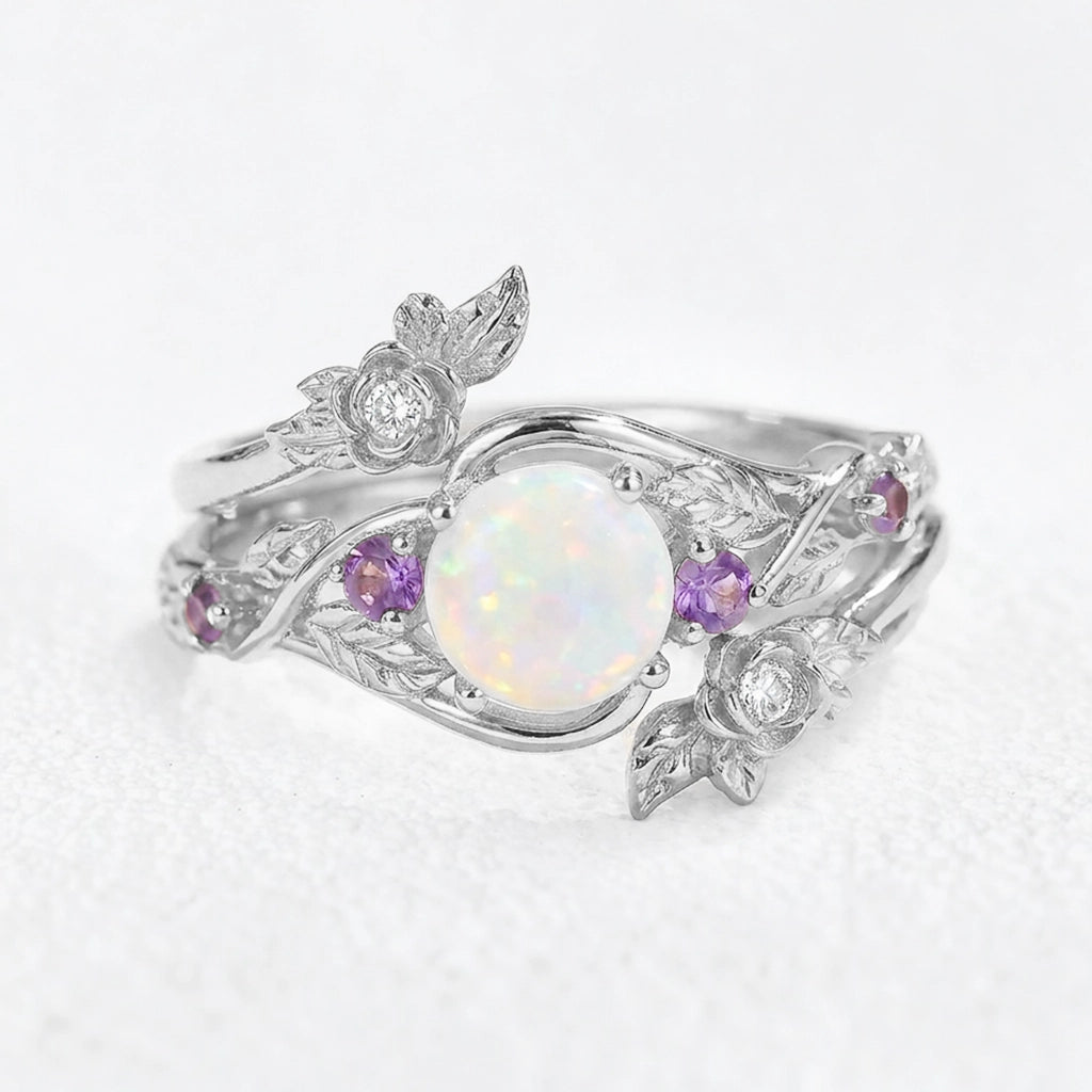 Rose’s Blossom | Round Opal & Amethyst Bridal Ring Set 2pcs