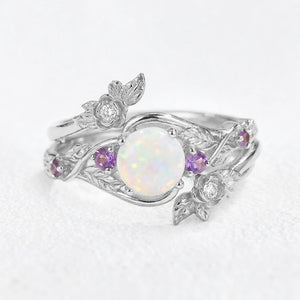 Rose’s Blossom | Round Opal & Amethyst Bridal Ring Set 2pcs