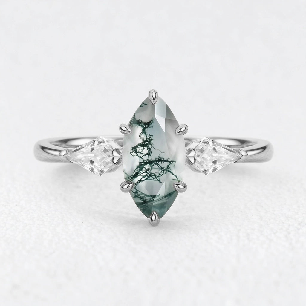 Flora’s Trinity | Minimalist Marquise Cut Moss Agate Three Stone Engagement Ring