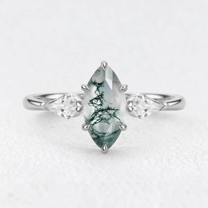 Flora’s Trinity | Minimalist Marquise Cut Moss Agate Three Stone Engagement Ring