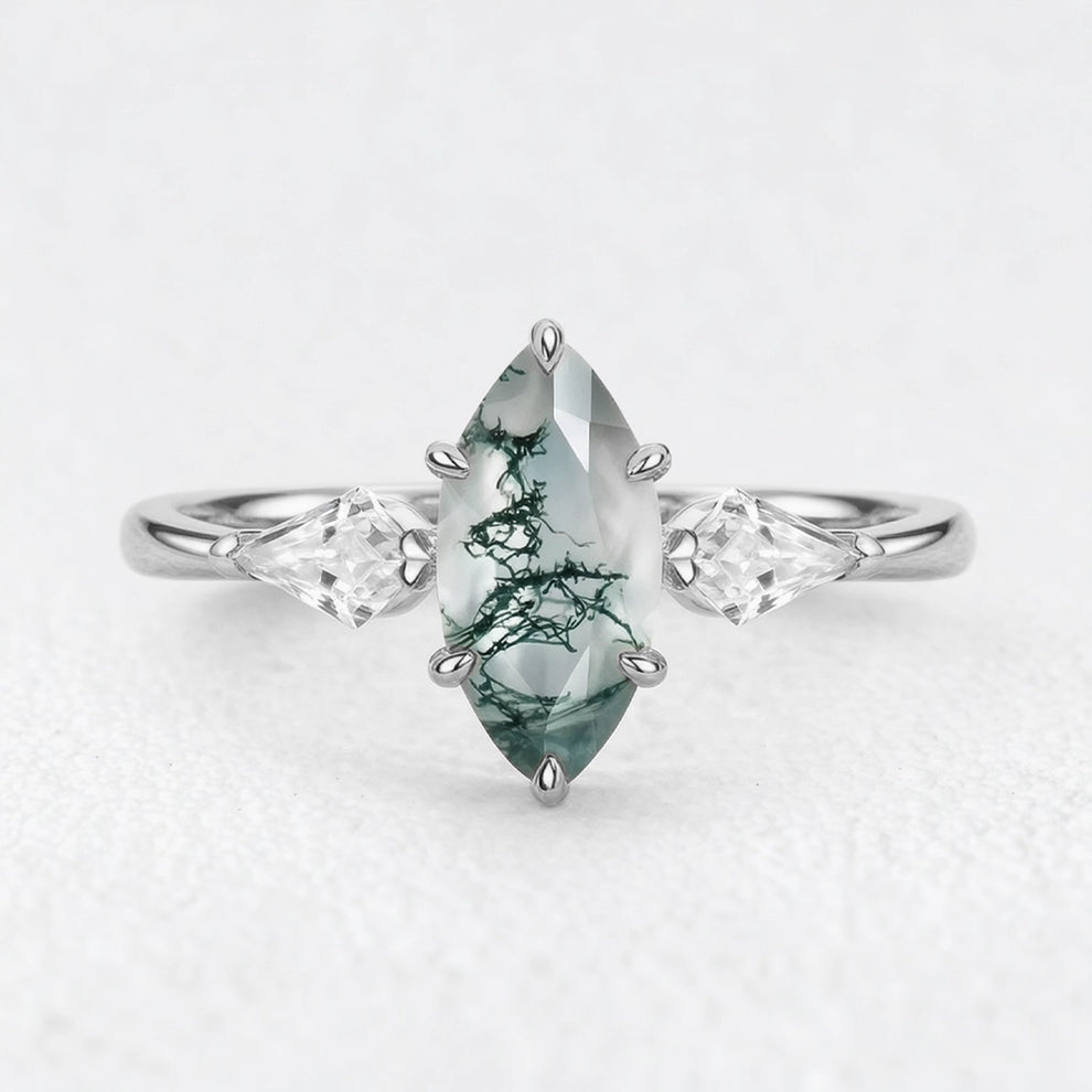Flora’s Trinity | Minimalist Marquise Cut Moss Agate Three Stone Engagement Ring