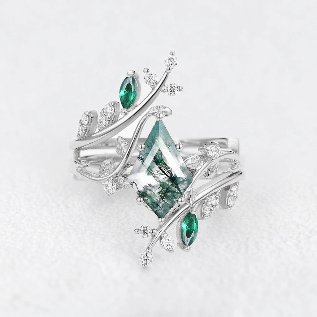 Sylvie’s Enclave | Kite Cut Moss Agate & Emerald Cage Leafy Bridal Set 2pcs