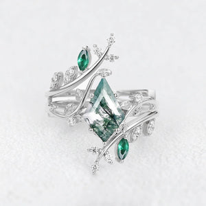 Sylvie’s Enclave | Kite Cut Moss Agate & Emerald Cage Leafy Bridal Set 2pcs