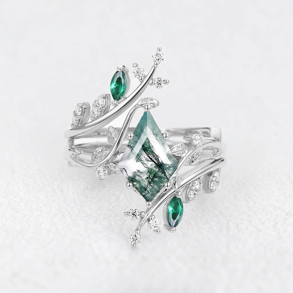Sylvie’s Enclave | Kite Cut Moss Agate & Emerald Cage Leafy Bridal Set 2pcs