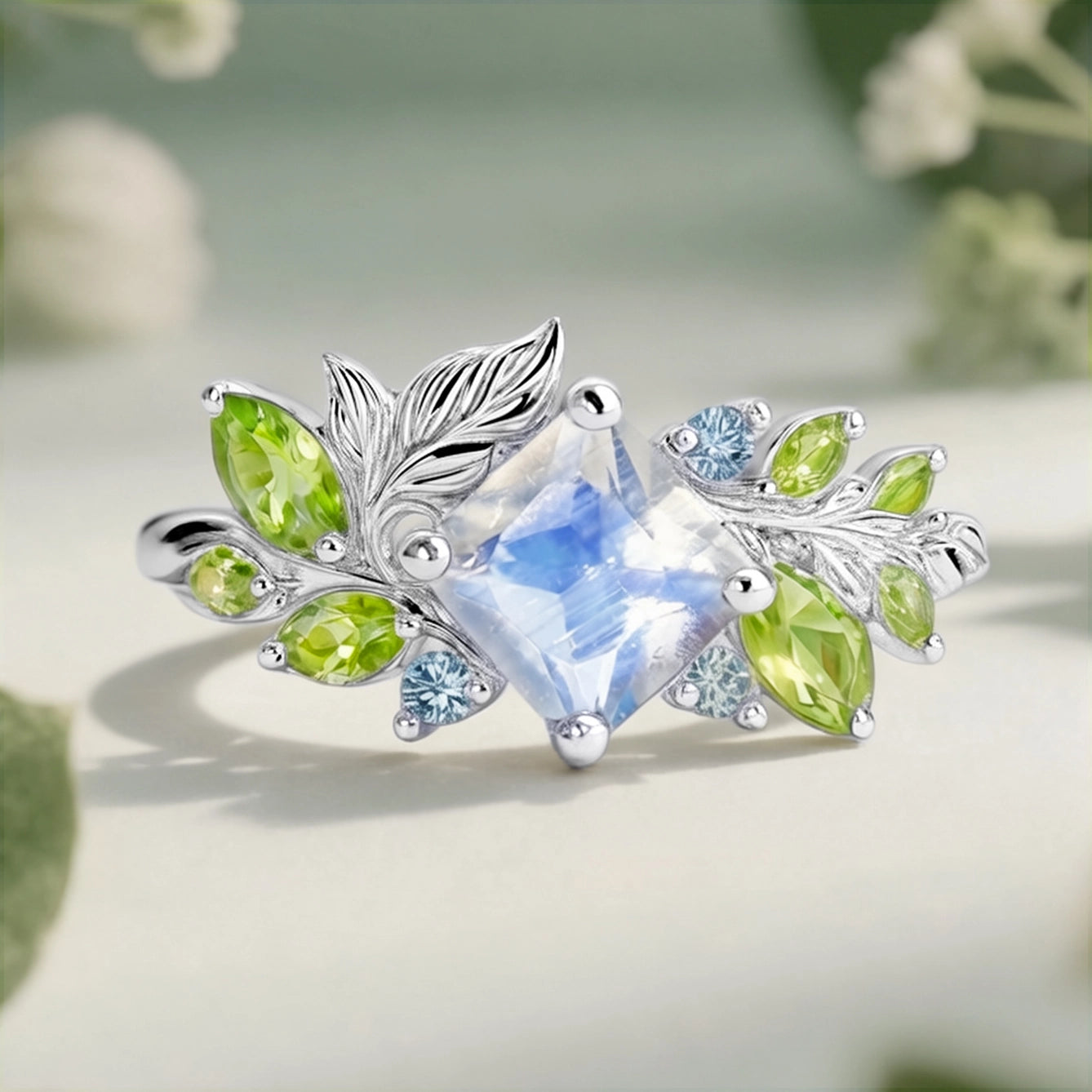 The Moonlight Canvas Engagement Ring – Square Moonstone Set in a Blooming Vine Band.