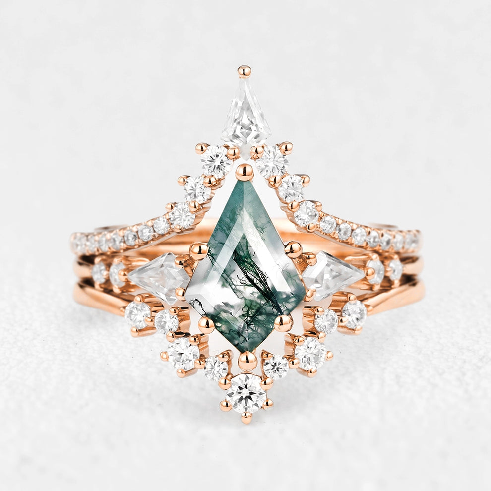 Tyler Twin Flames Kite Cut Moss Agate Engagement Ring Set 3pcs