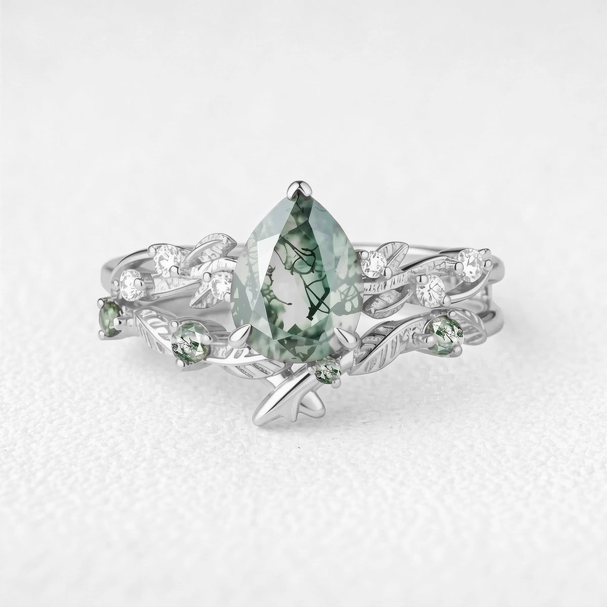 Clarissa’s Frond | Pear Cut Moss Agate Leafy Bridal Set 2pcs