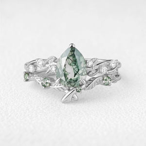 Clarissa’s Frond | Pear Cut Moss Agate Leafy Bridal Set 2pcs