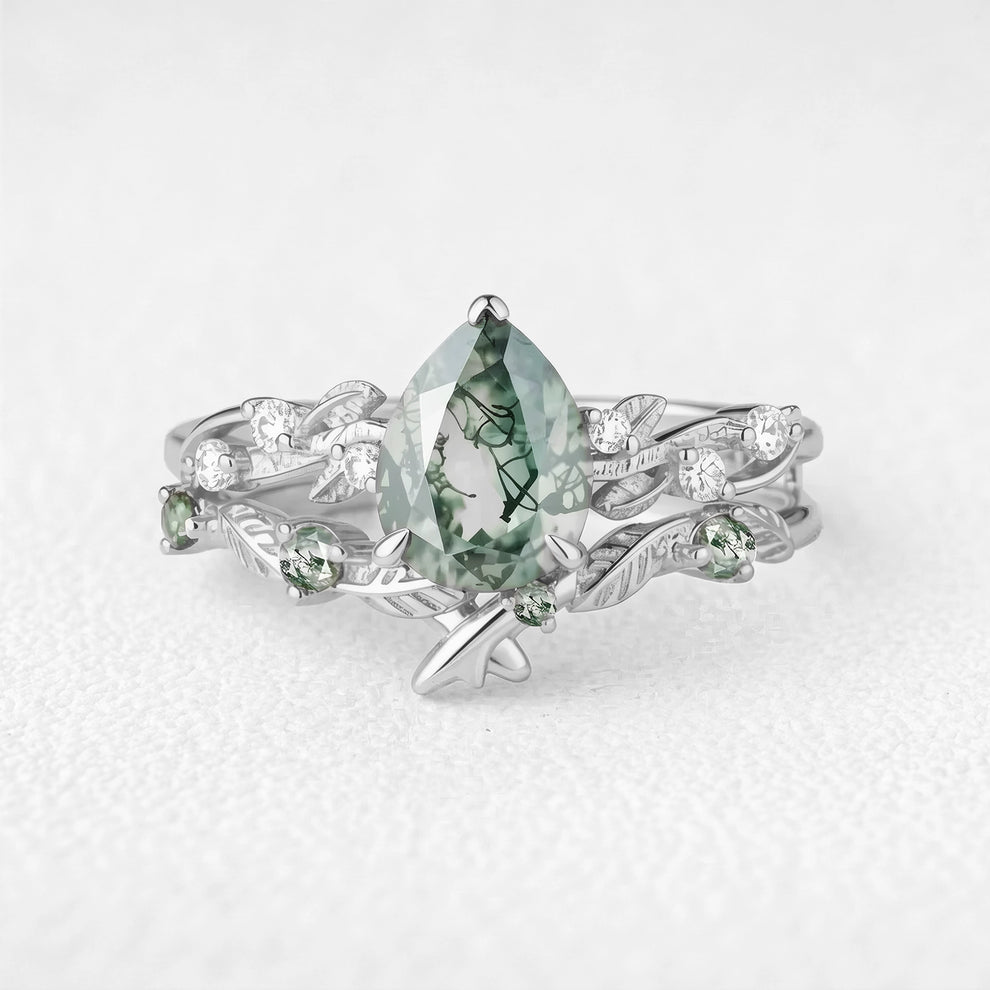 Clarissa’s Frond | Pear Cut Moss Agate Leafy Bridal Set 2pcs