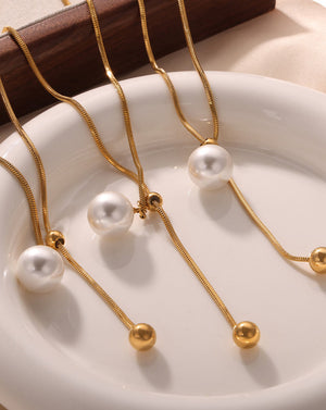 Adjustable Gold Pearl Pendant Necklace with Slider Knot Charm