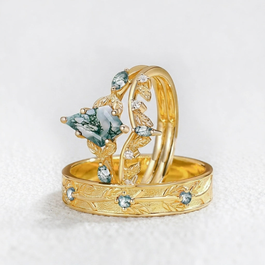 Sylvie’s Bower | Kite Cut Moss Agate Leafy Cluster Couple Ring Set 3pcs.