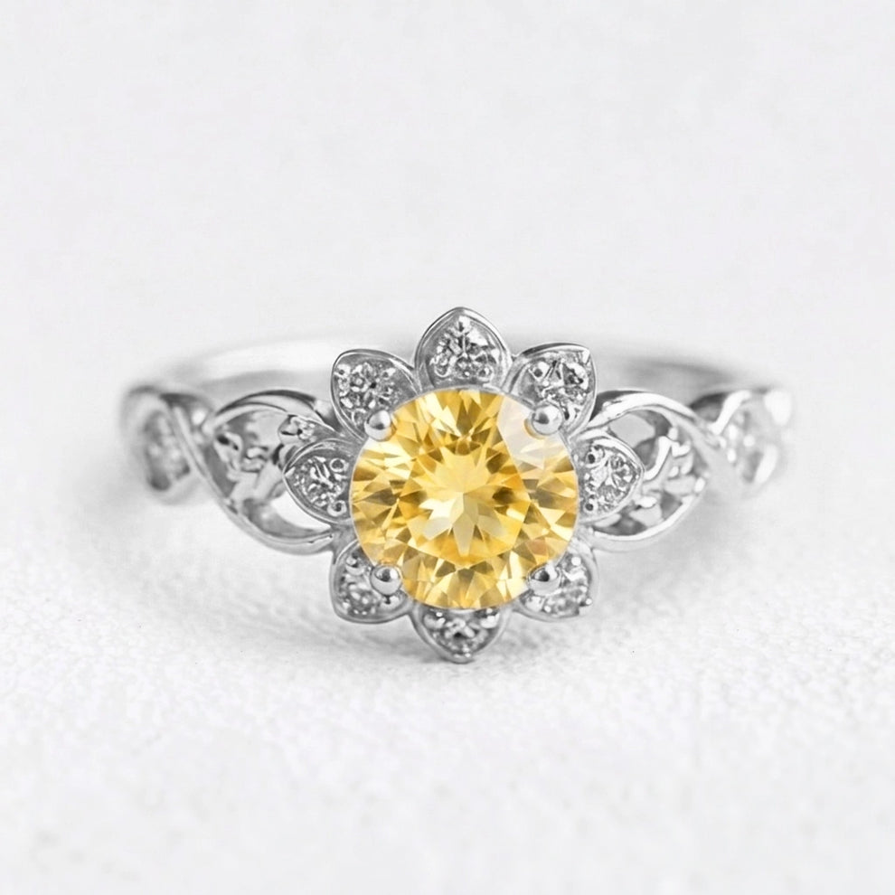 Solara's Petal | Citrine Floral Diamond Halo Ring.