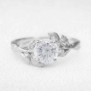Daphne’s Dawn | Round Fantasy-Cut White Sapphire Foliage Engagement Ring
