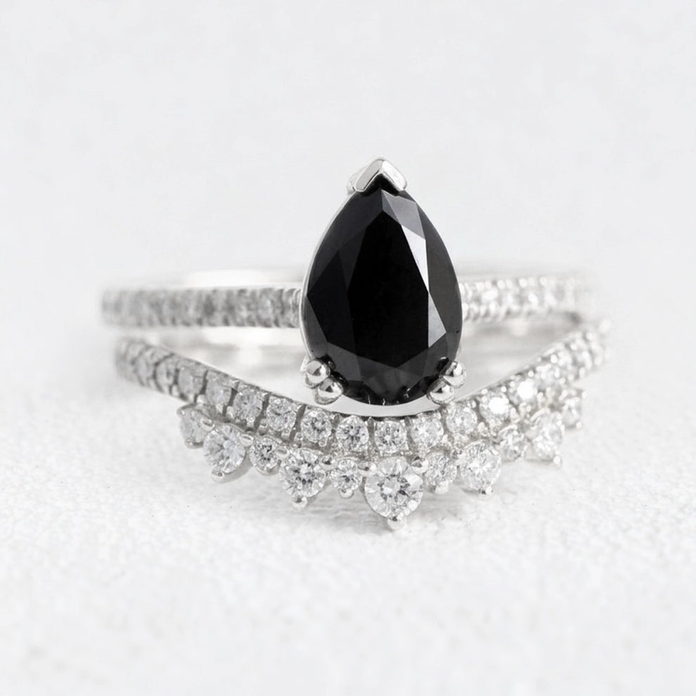Grace’s Arc | Pear Cut Black Diamond with White Diamond Curved Band Bridal Set 2pcs.