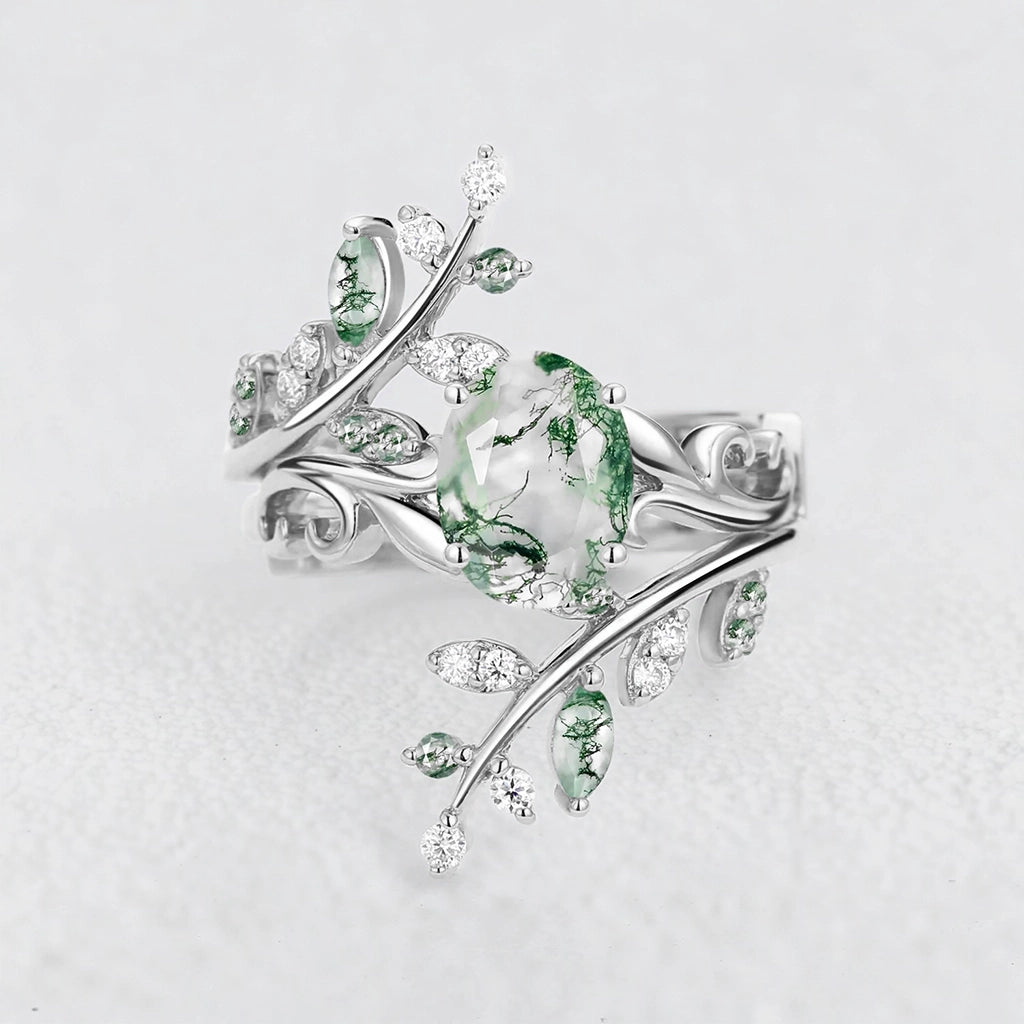 Daphne’s Canopy | Oval Cut Green Moss Agate Cluster Couple Ring Set.