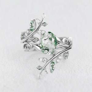 Daphne’s Canopy | Oval Cut Green Moss Agate Cluster Couple Ring Set.