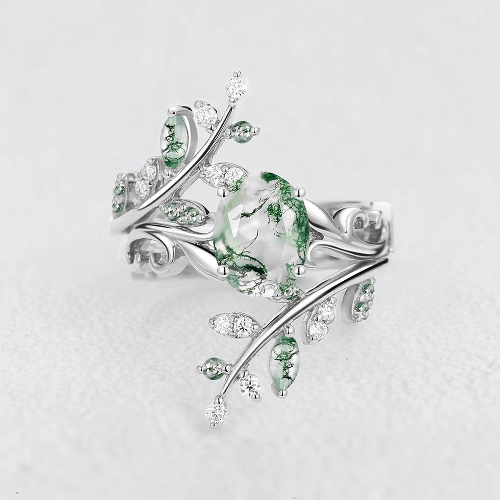 Daphne’s Canopy | Oval Cut Green Moss Agate Cluster Couple Ring Set.