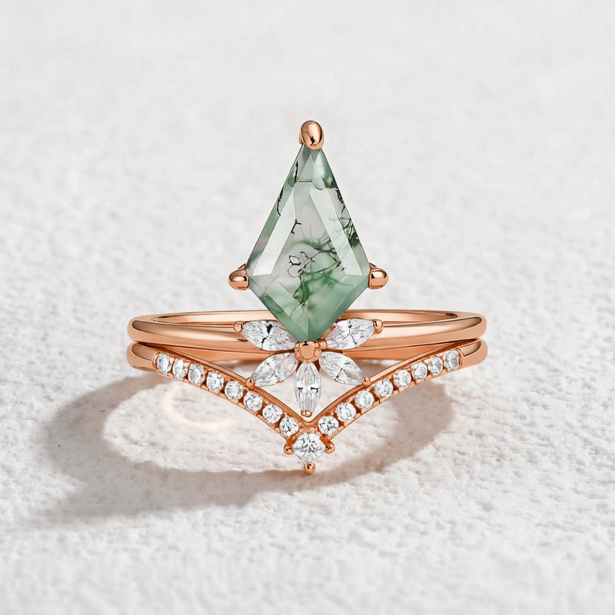 Flora’s Grove | Kite Cut Moss Agate Couple Ring Set 3pcs.