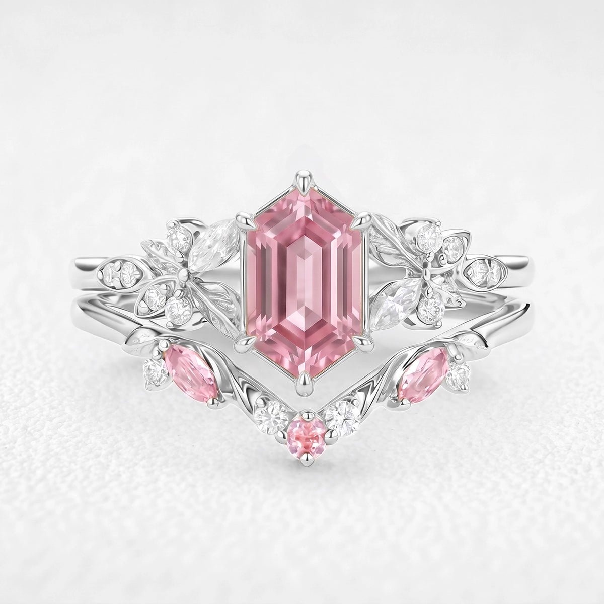 Peony’s Bloom | Honeycomb Hexagon Pink Sapphire Bridal Set 2pcs