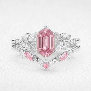Peony’s Bloom | Honeycomb Hexagon Pink Sapphire Bridal Set 2pcs