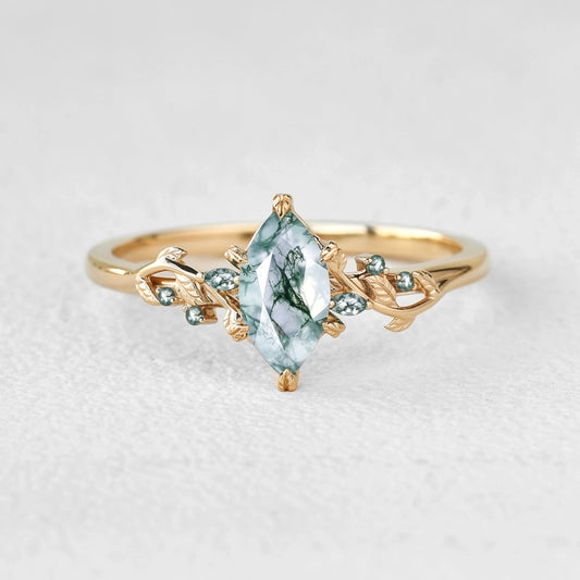 Celandine’s Twine | Marquise Moss Agate Leafy Twist Engagement Ring.