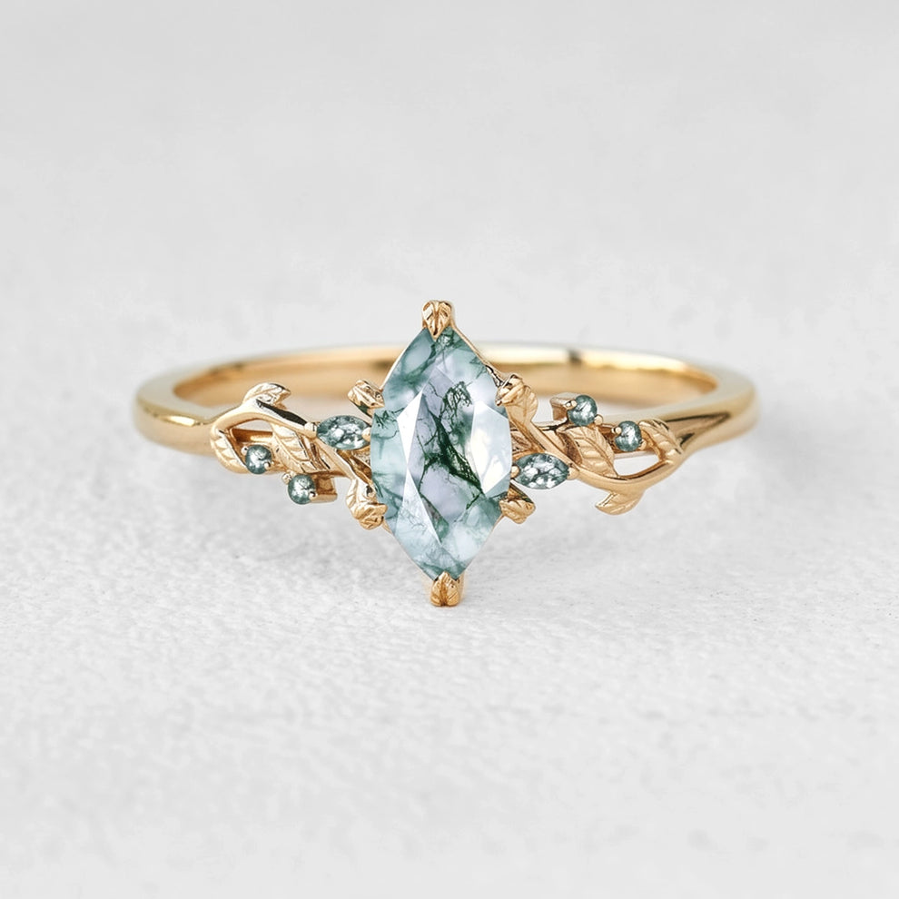 Celandine’s Twine | Marquise Moss Agate Leafy Twist Engagement Ring.